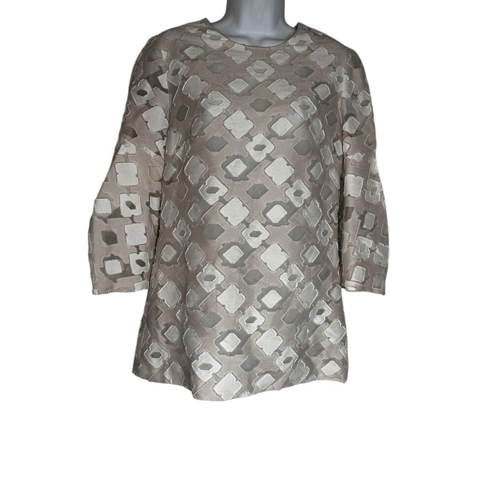 Lela Rose Silk Cotton Sheer Lined Geometric Jacquard Overlay White Tan Blouse 6